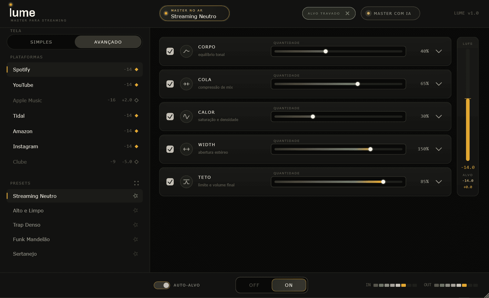 Interface avançada do lume com controles CORPO, COLA, CALOR, WIDTH e TETO
