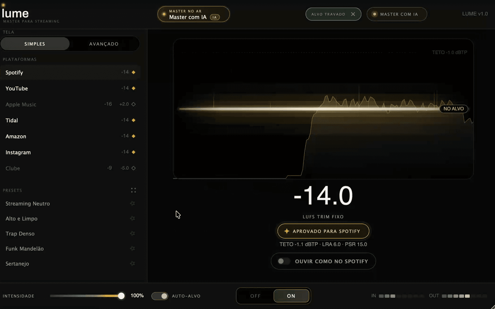 Plugin lume com o master da IA aplicado, medindo −14.0 LUFS e aprovado para Spotify