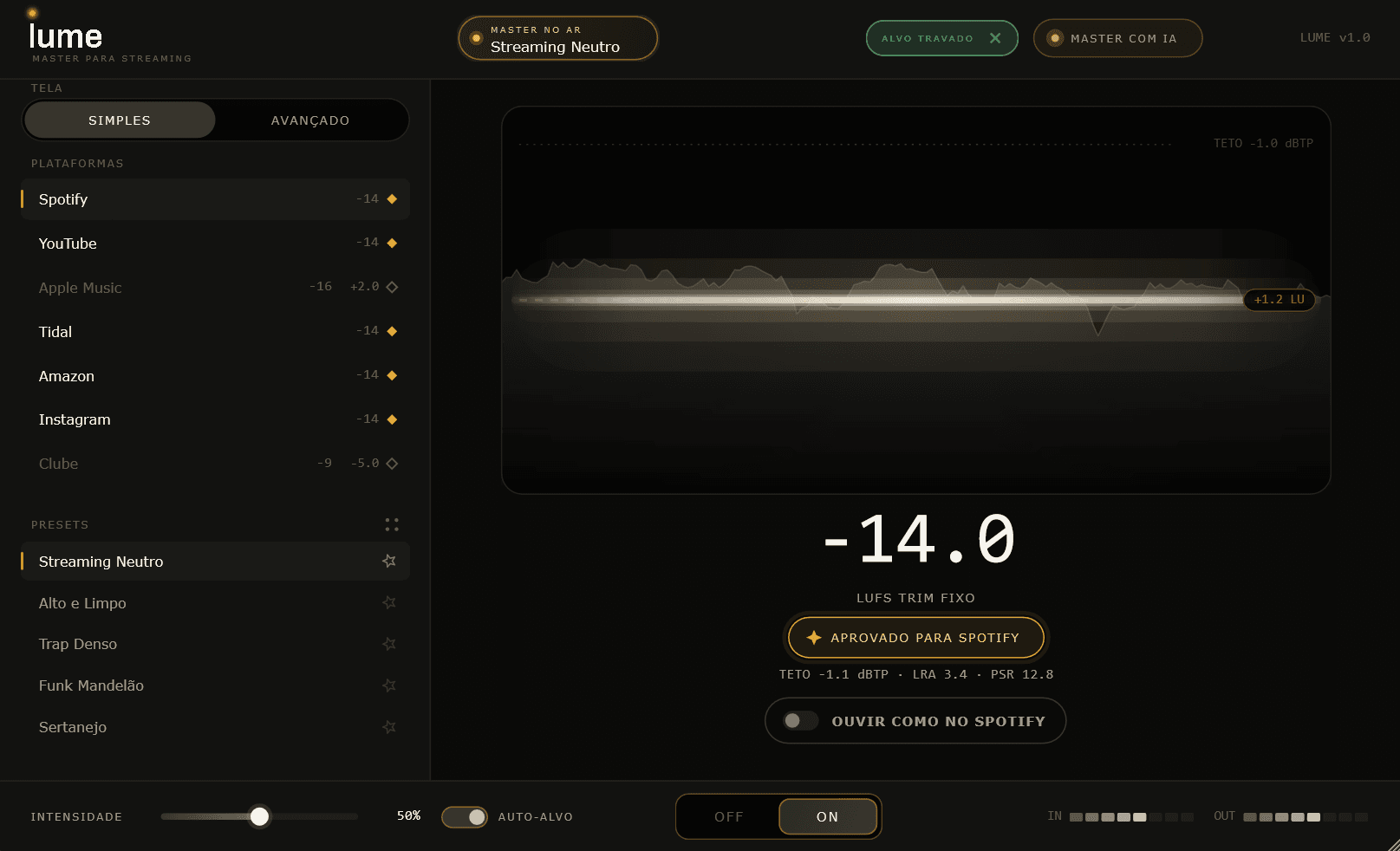 Interface simples do lume com medidor LUFS e horizonte de loudness